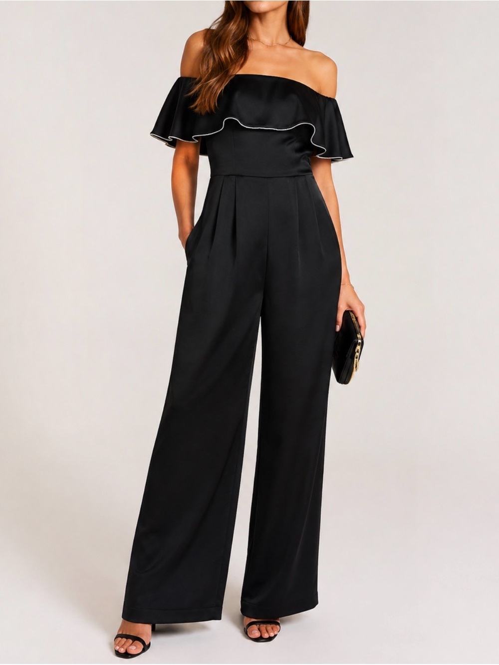 Devlin Black Off-the-Shoulder Jumpsuit with Diamond Trim – Size 6